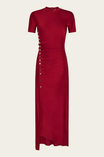 RABANNE SIDE DRAPED RUCHED MIDI DRESS IN SCARLET RED