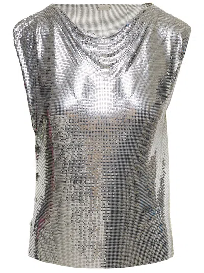 Rabanne Silver-colored Sleeveless Top With Draped Neckline In Metal Mesh Woman In Metallic