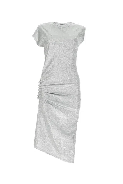 RABANNE SILVER DRAPED LUREX MIDI DRESS