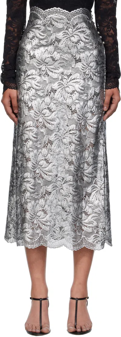 RABANNE SILVER LACE MIDI SKIRT