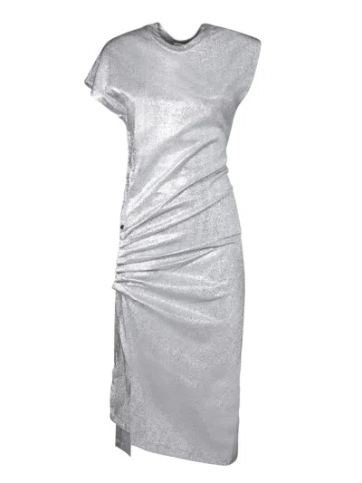 RABANNE SILVER METALLIC DRAPED DRESS