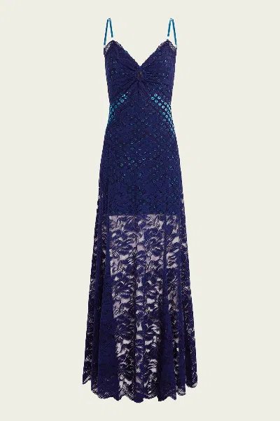 Rabanne Sleeveless Long Lace Dress In Deep Navy In Blue