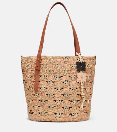 Rabanne Small Embellished Raffia Tote Bag In Sand