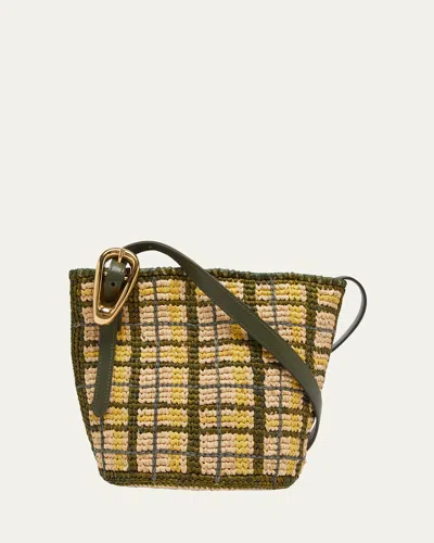 Rabanne Small Plaid Raffia Bucket Bag In Naturel Kaki