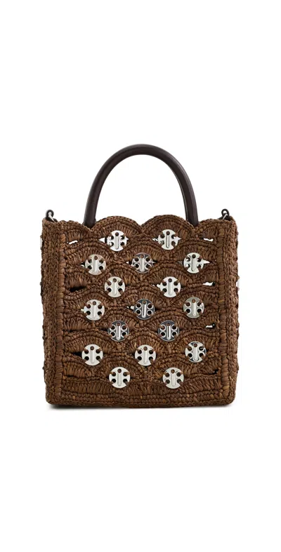 Rabanne Small Raffia Tote Bag With Signature 1969 Discs Brown/silver