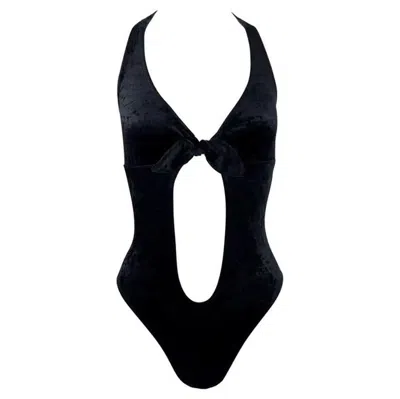Pre-owned Rabanne S/s 1997 Paco  Runway Velvet Plunging Tie Front Bodysuit Top In Black