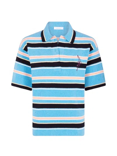 Rabanne Embroidered Striped Cotton-blend Terry Polo Shirt In Blue