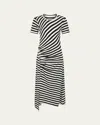 Rabanne Gathered Embellished Striped Wool-blend Midi Dress In Gray