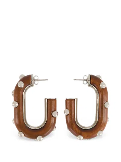 Rabanne Wood And Brass Stud Earrings With Beaded Application Detail In Burgundy