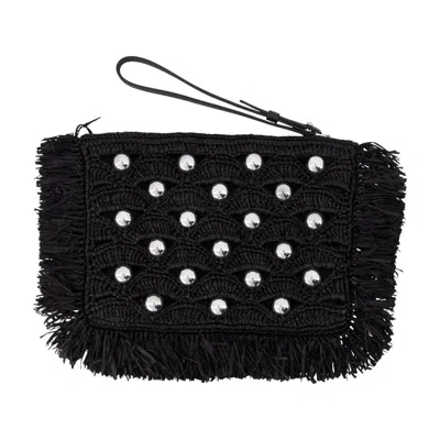 Rabanne Studded Raffia Clutch In Black