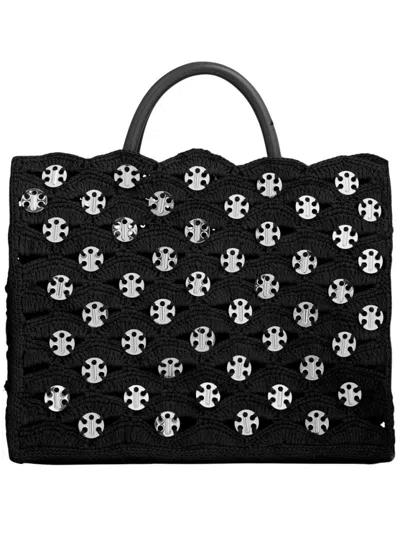 Rabanne Textured Raffia Handbag With Metallic Embellishments In Black