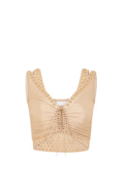 Rabanne Eyelet-embelishmet Layered Crop Top In Beige