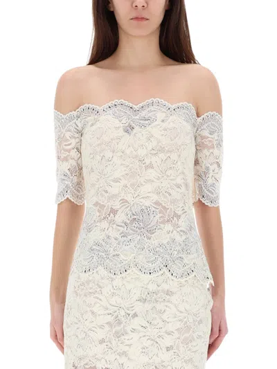 Rabanne Semi-sheer Haut Polyamide Lace Off-shoulder Top In Multi