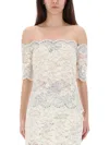 Rabanne Off-white Stretch Lace Short Sleeve Top In White