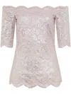 Rabanne Off-the-shoulder Lace Top With Floral Patterns In Rosa E Argento