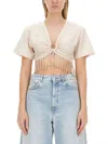 Rabanne Cropped Fringed Embellished Cotton-jersey T-shirt In Beige