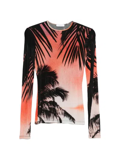Rabanne T-shirt A Maniche Lunghe Con Stampa Grafica Tropicale  In Black