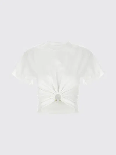 Rabanne White Crewneck Top With Short Sleeves And Ruched Cut-out On The Front In Cotton Woman