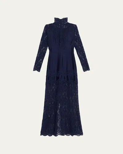Rabanne Turtleneck Floral Embroidered Snap Draped Jersey Midi Dress In Blue