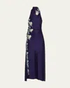 Rabanne Turtleneck Floral Embroidered Snap Draped Jersey Midi Dress In Blue