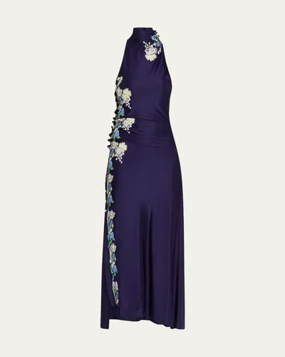 Rabanne Turtleneck Floral Embroidered Snap Draped Jersey Midi Dress In Blue