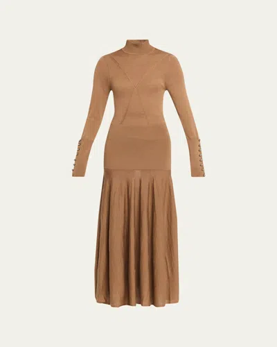 Rabanne Turtleneck Wool-silk Knit Drop-waist Maxi Dress In Brown