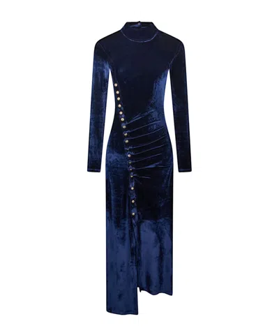 Rabanne Asymmetric Ruched Embellished Velvet Turtleneck Dress In Blue