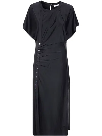 Rabanne Drapé Pression Asymmetric Hem Midi Dress In Black