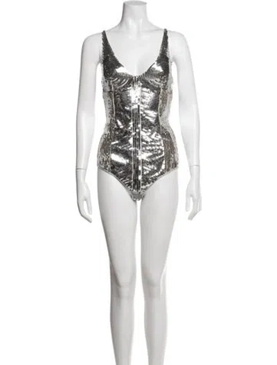 Pre-owned Rabanne V-neck Sleeveless Bodysuit W/ Tags In Metallic/silver