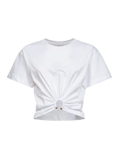 Rabanne White Crewneck Top With Short Sleeves And Ruched Cut-out On The Front In Cotton Woman