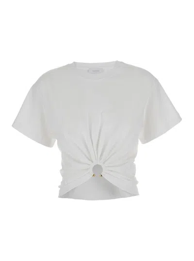 Rabanne White Crewneck Top With Short Sleeves And Ruched Cut-out On The Front In Cotton Woman