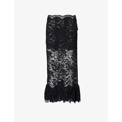 RABANNE RABANNE WOMEN'S BLACK JUPE FLORAL-EMBROIDERED STRETCH-LACE MIDI SKIRT