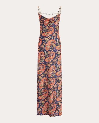 Rabanne Women's Chain-embellished Paisley-print Satin Maxi Dress In Cachemire Navy