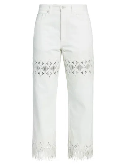 Rabanne Women's Embroidered Fringed Straight-leg Jeans In White
