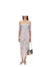 Rabanne Fitted Off-the-shoulder Lace Midi Dress With Silver Accents In Gray