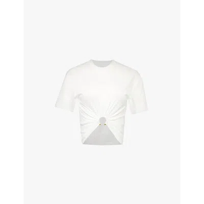RABANNE WOMENS OFF WHITE RING-EMBELLISHED CROPPED COTTON-JERSEY T-SHIRT
