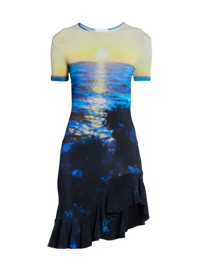 Rabanne Asymmetric Printed Stretch-jersey Mini Dress In Blue