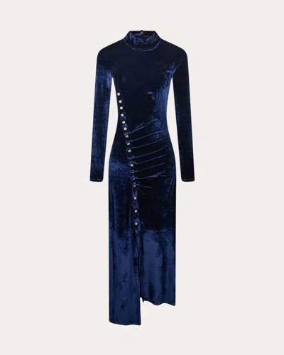 Rabanne Asymmetric Ruched Embellished Velvet Turtleneck Dress In Blue