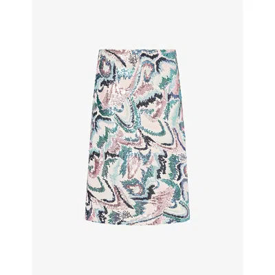 Rabanne Womens Abstract Flowers Blue Pi Jupe Sequin-embellished Woven Midi Skirt In Multi