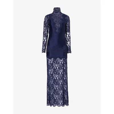 Rabanne Womens Deep Navy High-neck Long-sleeve Lace Maxi Dress In Blue
