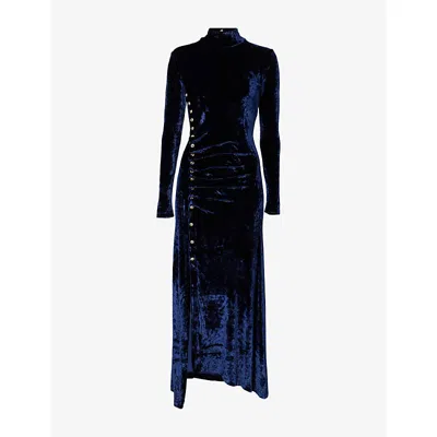Rabanne Womens Velvet High-neck Stretch-woven Midi Dress Navy Poseidon