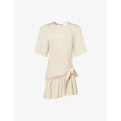 Rabanne Asymmetric Bow-detailed Gathered Satin-jersey Mini Dress In Nude