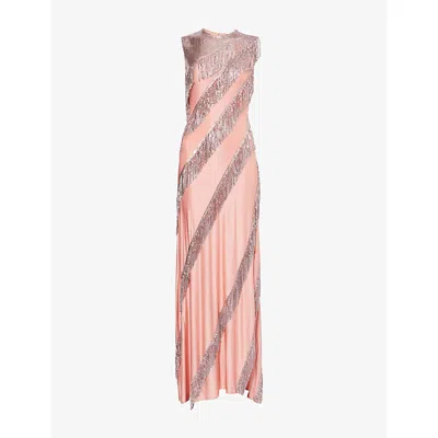 Rabanne Womens Peach Blush Fringed Sleeveless Stretch-woven Maxi Dress In Pink