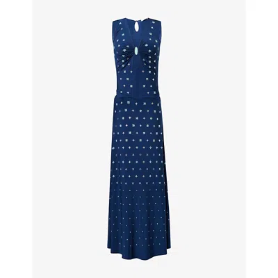 Rabanne Womens Plunge-neck Bead-embellished Stretch-jersey Maxi Dress Midnight Blue