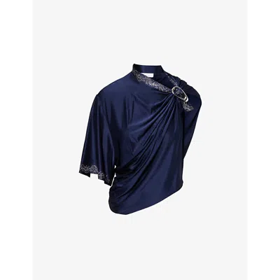 Rabanne Womens Buckle-embellished Shawl Satin Top Deep Navy