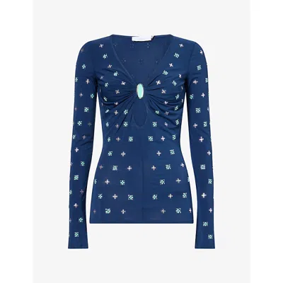 Rabanne Cut-out Embellished Stretch-jersey Top In Blue