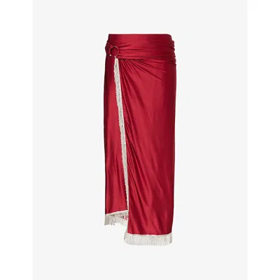 Rabanne Womens Ruby Red Draped Fringed Stretch-jersey Midi Skirt