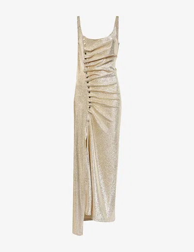 Rabanne Scoop-neck Ruched Stretch-woven Maxi Dress In Sliver/gold