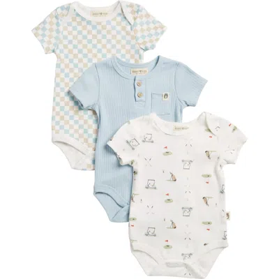 Rabbit And Bear Organic 3-pack Cotton Bodysuits In White/blue Assorted