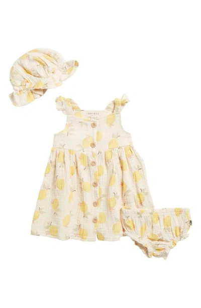 Rabbit And Bear Organic Babies' Organic Cotton Button Dress, Bloomers & Hat Set In Lemons Gauze